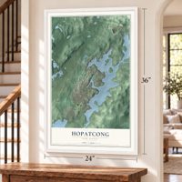 Hopatcong, New Jersey map, 24 x 36 inch print in a white frame by a staircase