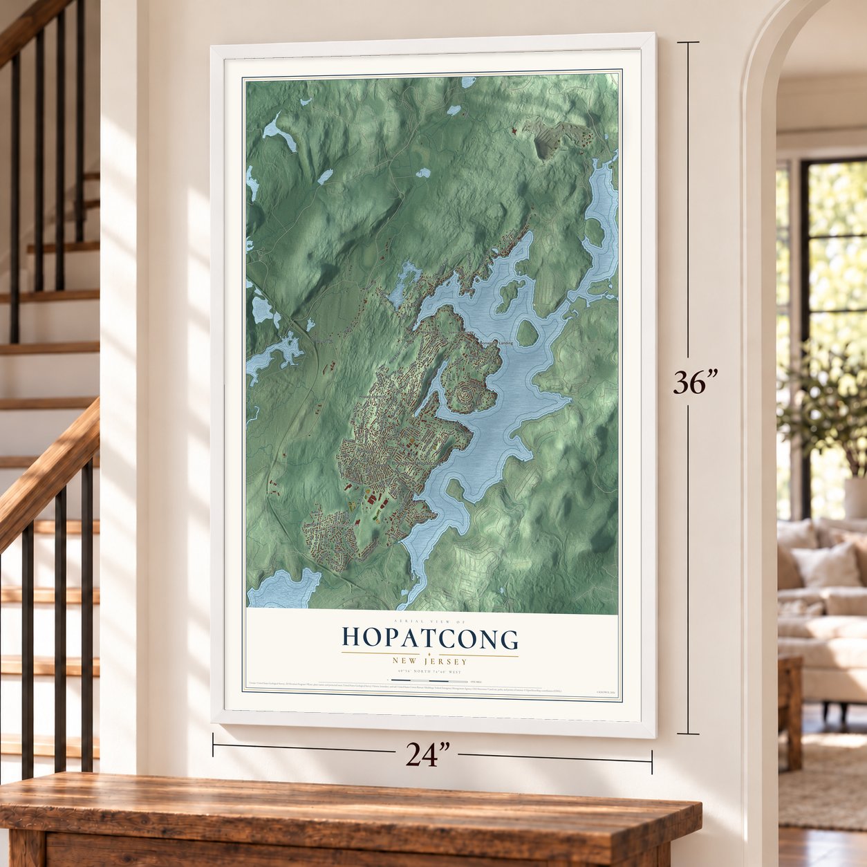 Hopatcong, New Jersey map, 24 x 36 inch print in a white frame by a staircase