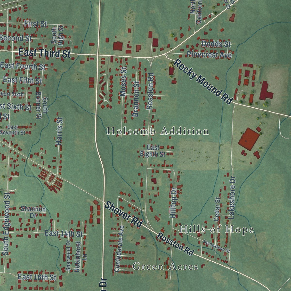 Second close-up of the map of Hope, Arkansas print showing more streets and buildings