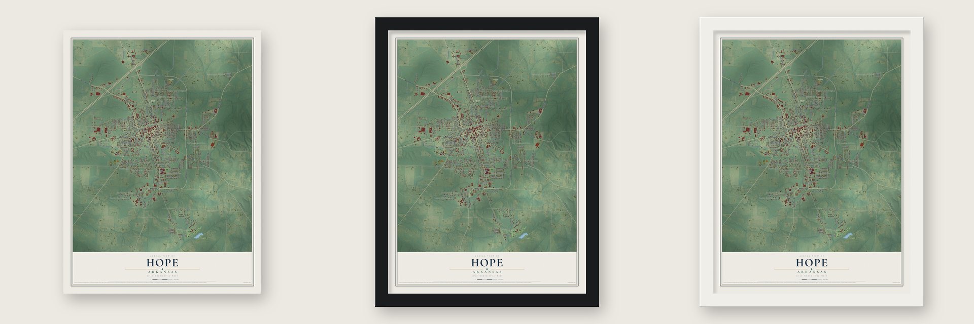 Hope, Arkansas map unframed, in a black wood frame and in a white wood frame