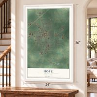 Hope, Arkansas map, 24 x 36 inch print in a white frame by a staircase