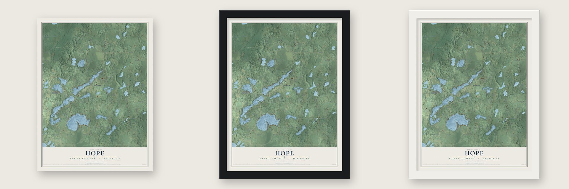 Hope, Barry County, Michigan map unframed, in a black wood frame and in a white wood frame