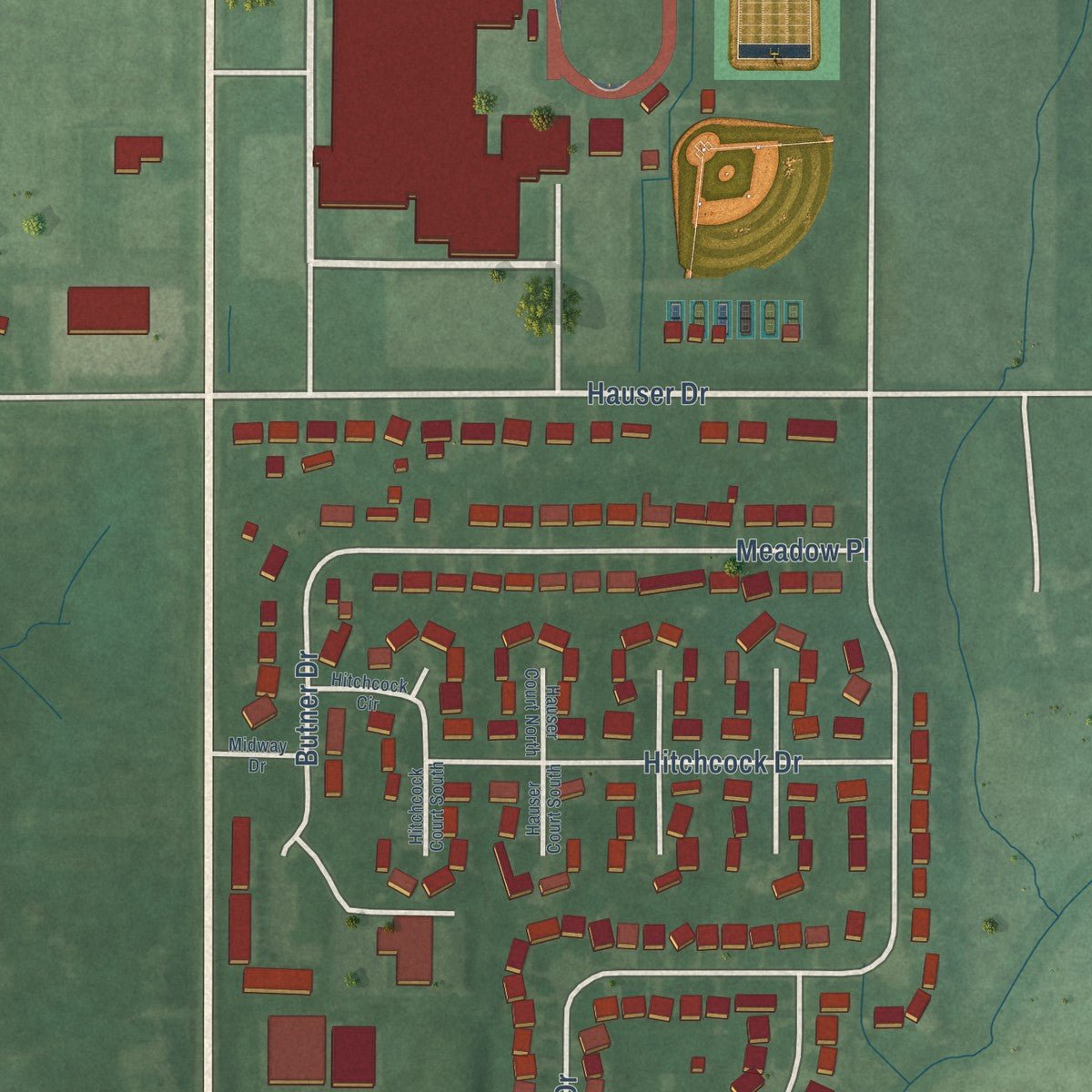 Second close-up of the map of Hope, Indiana print showing more streets and buildings