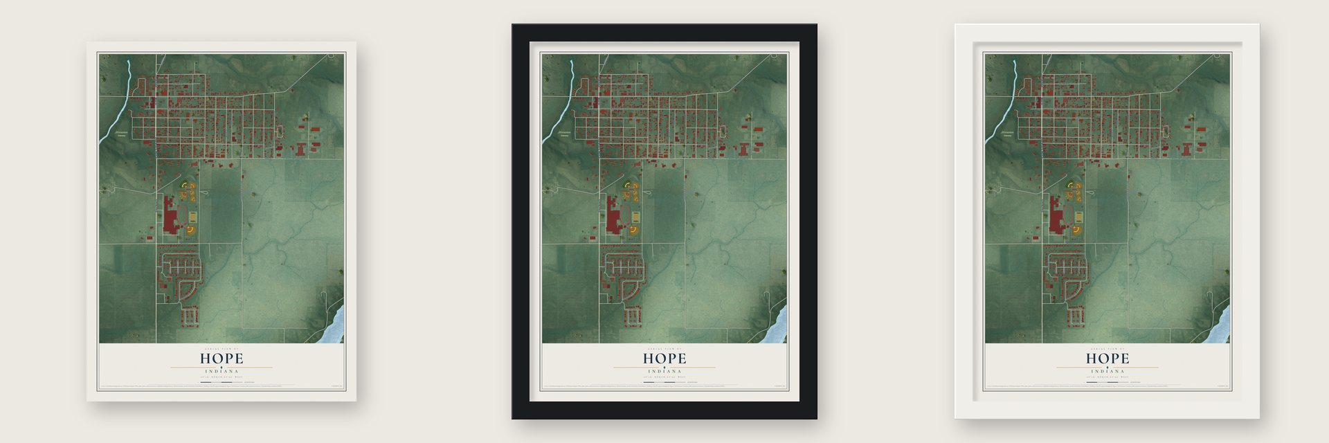 Hope, Indiana map unframed, in a black wood frame and in a white wood frame