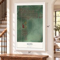 Hope, Indiana map, 24 x 36 inch print in a white frame by a staircase