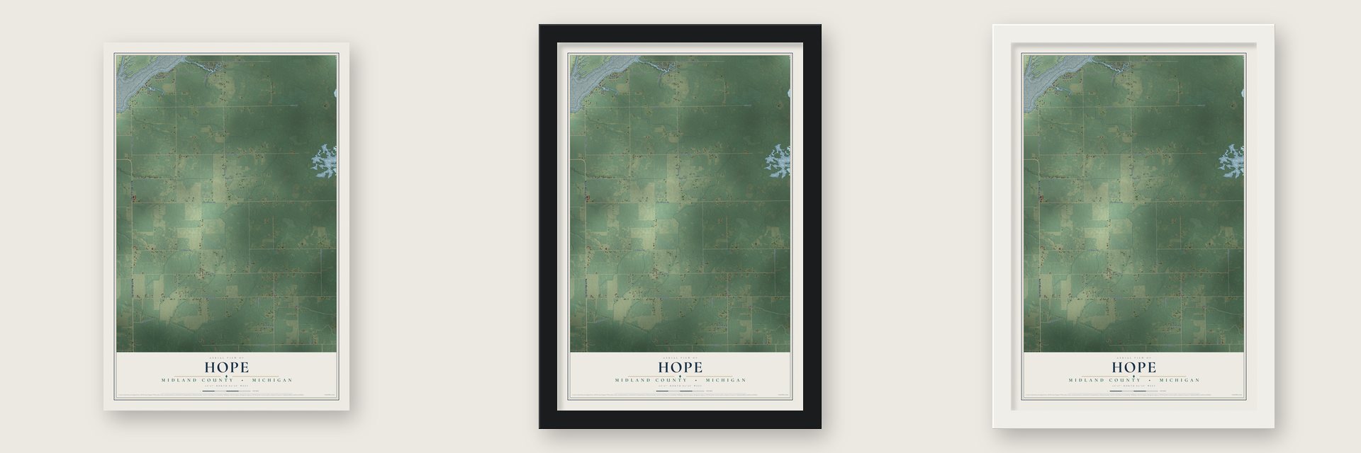 Hope, Midland County, Michigan map unframed, in a black wood frame and in a white wood frame