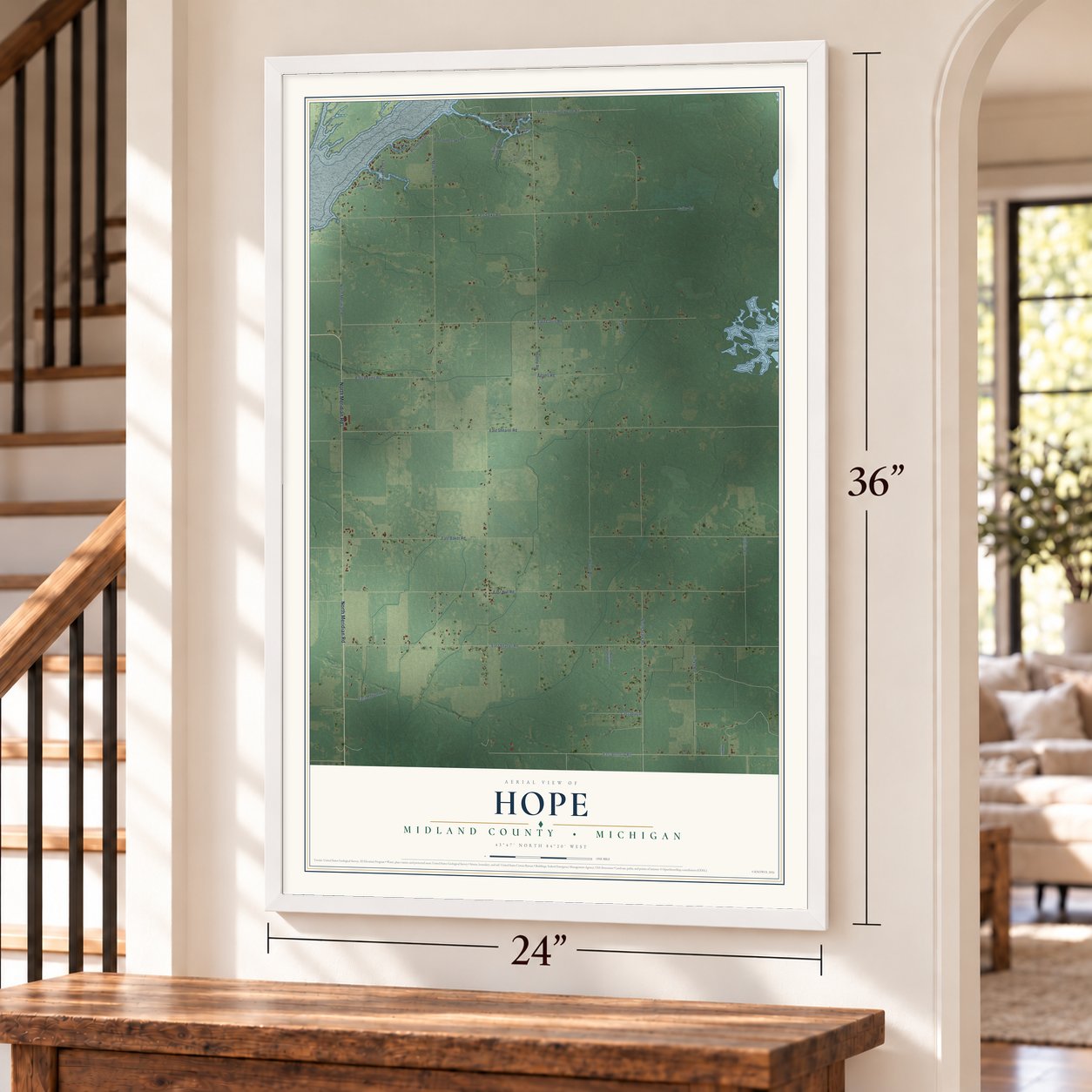 Hope, Midland County, Michigan map, 24 x 36 inch print in a white frame by a staircase