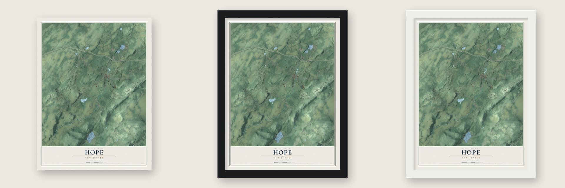 Hope, New Jersey map unframed, in a black wood frame and in a white wood frame