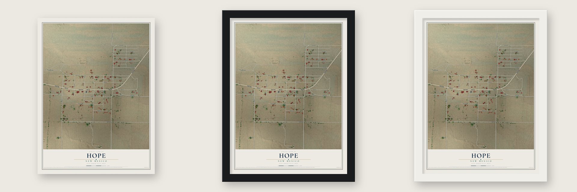 Hope, New Mexico map unframed, in a black wood frame and in a white wood frame