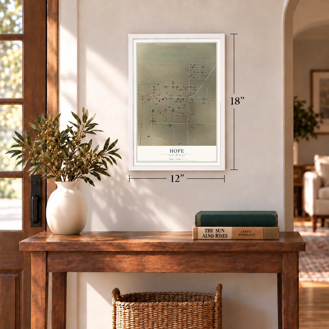 Hope, New Mexico map, 12 x 18 inch print in a white frame in an entryway