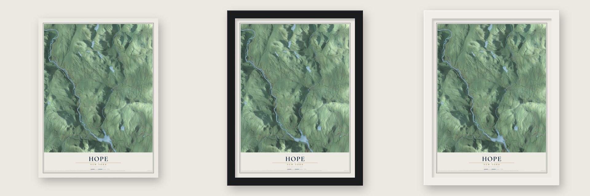 Hope, New York map unframed, in a black wood frame and in a white wood frame