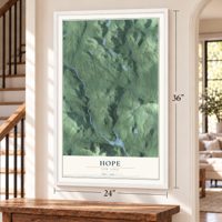 Hope, New York map, 24 x 36 inch print in a white frame by a staircase