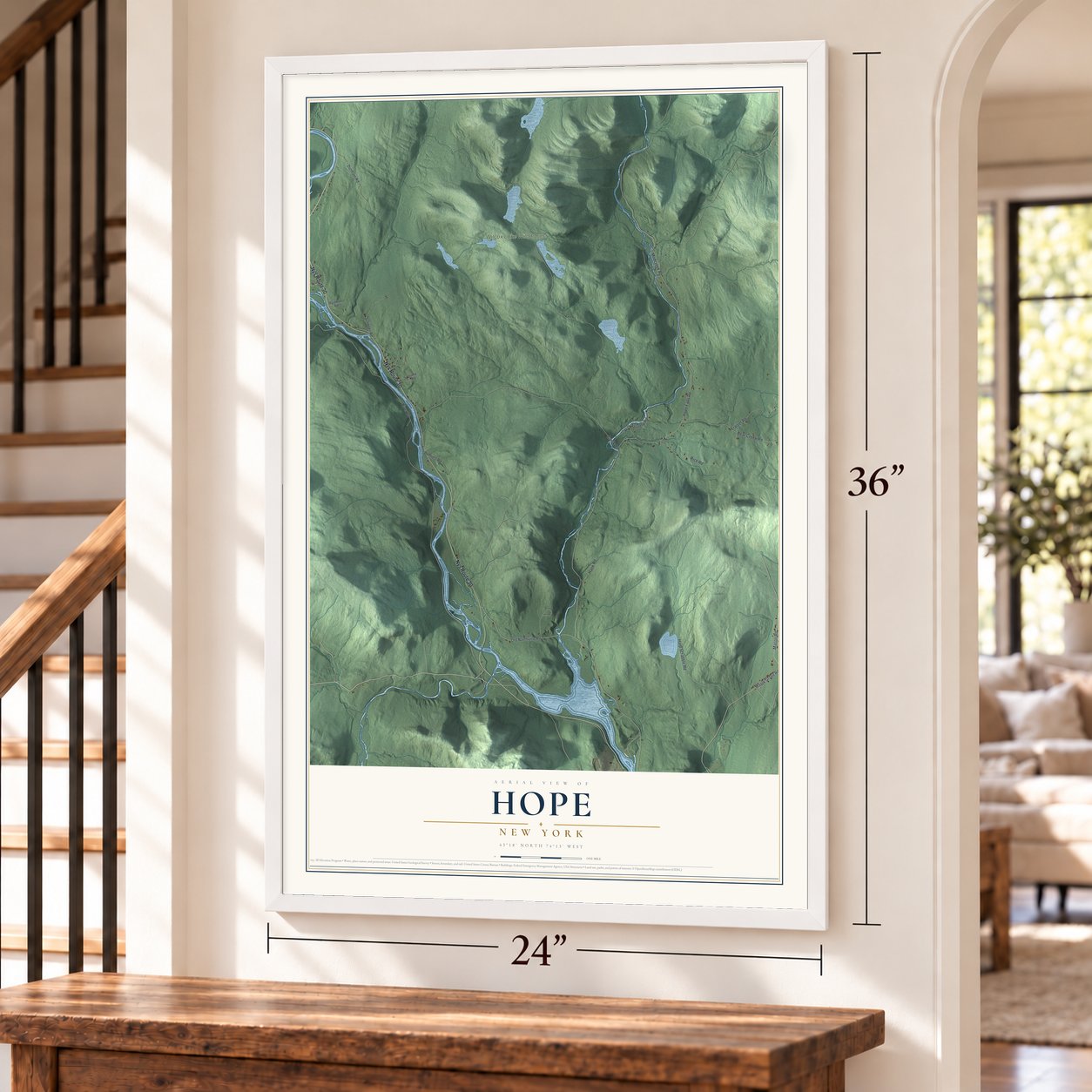 Hope, New York map, 24 x 36 inch print in a white frame by a staircase