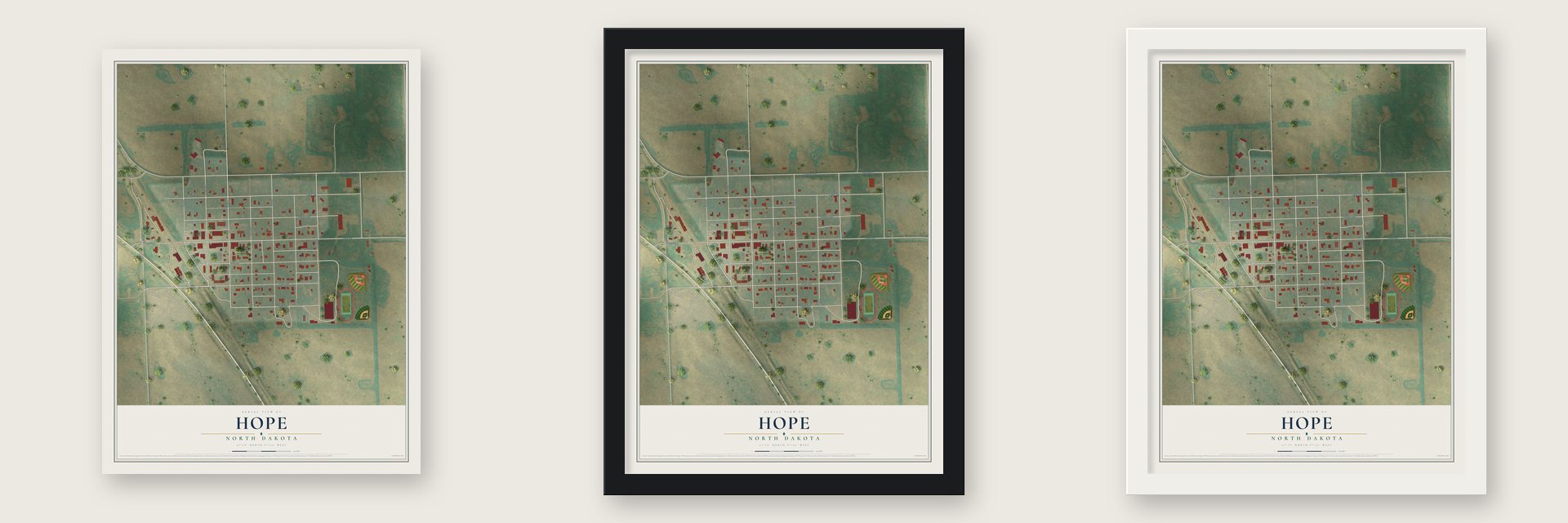 Hope, North Dakota map unframed, in a black wood frame and in a white wood frame