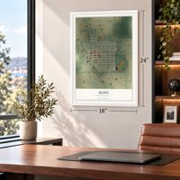 Hope, North Dakota map, 18 x 24 inch print in a white frame in a home office