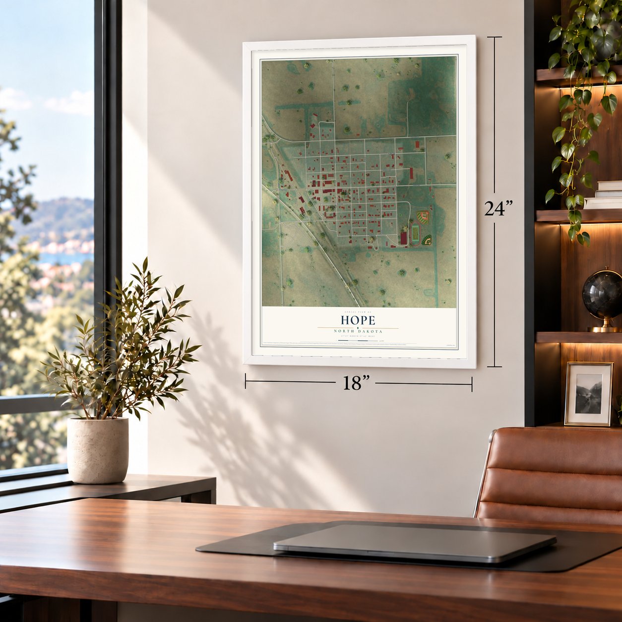 Hope, North Dakota map, 18 x 24 inch print in a white frame in a home office