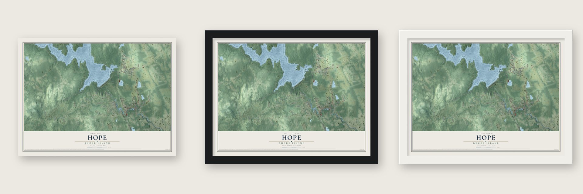Hope, Rhode Island map unframed, in a black wood frame and in a white wood frame