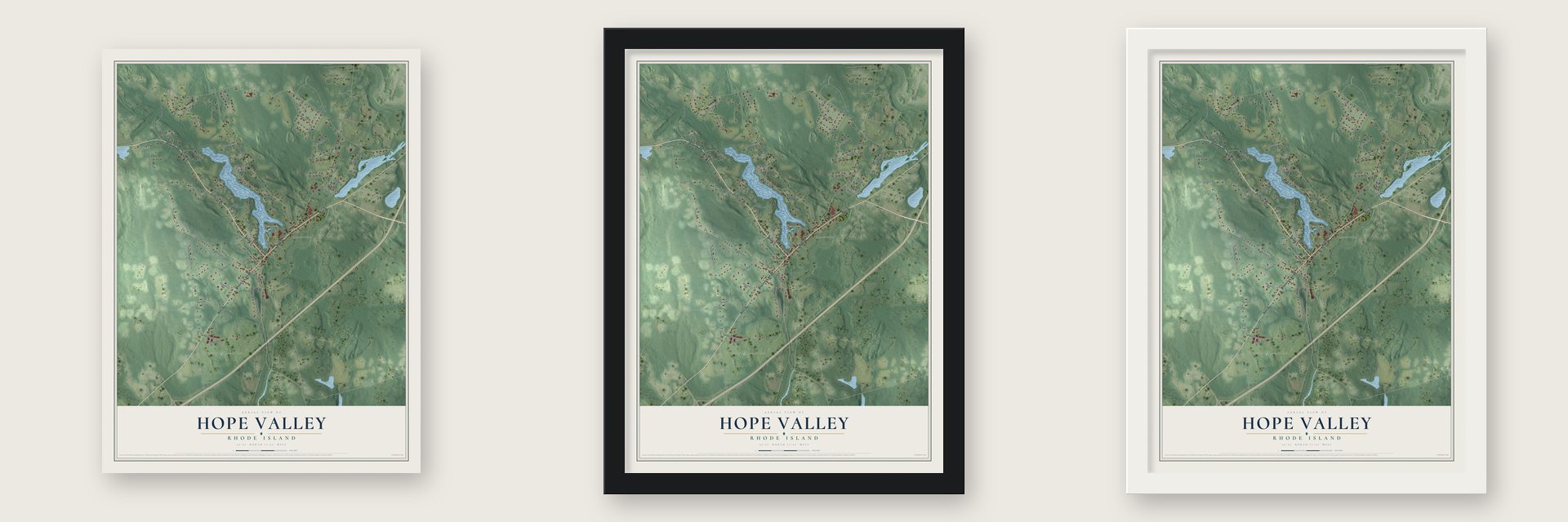 Hope Valley, Rhode Island map unframed, in a black wood frame and in a white wood frame