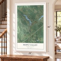 Hope Valley, Rhode Island map, 24 x 36 inch print in a white frame by a staircase