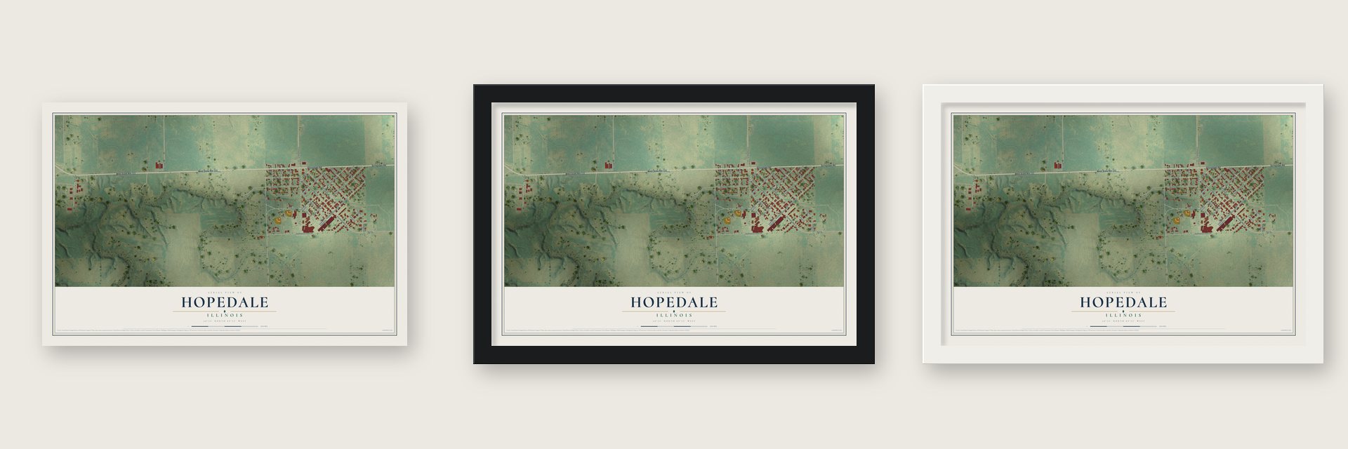 Hopedale, Illinois map unframed, in a black wood frame and in a white wood frame