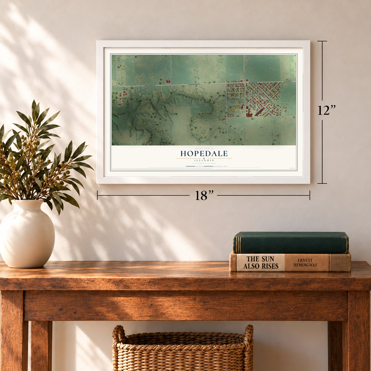 Hopedale, Illinois map, 12 x 18 inch print in a white frame in an entryway