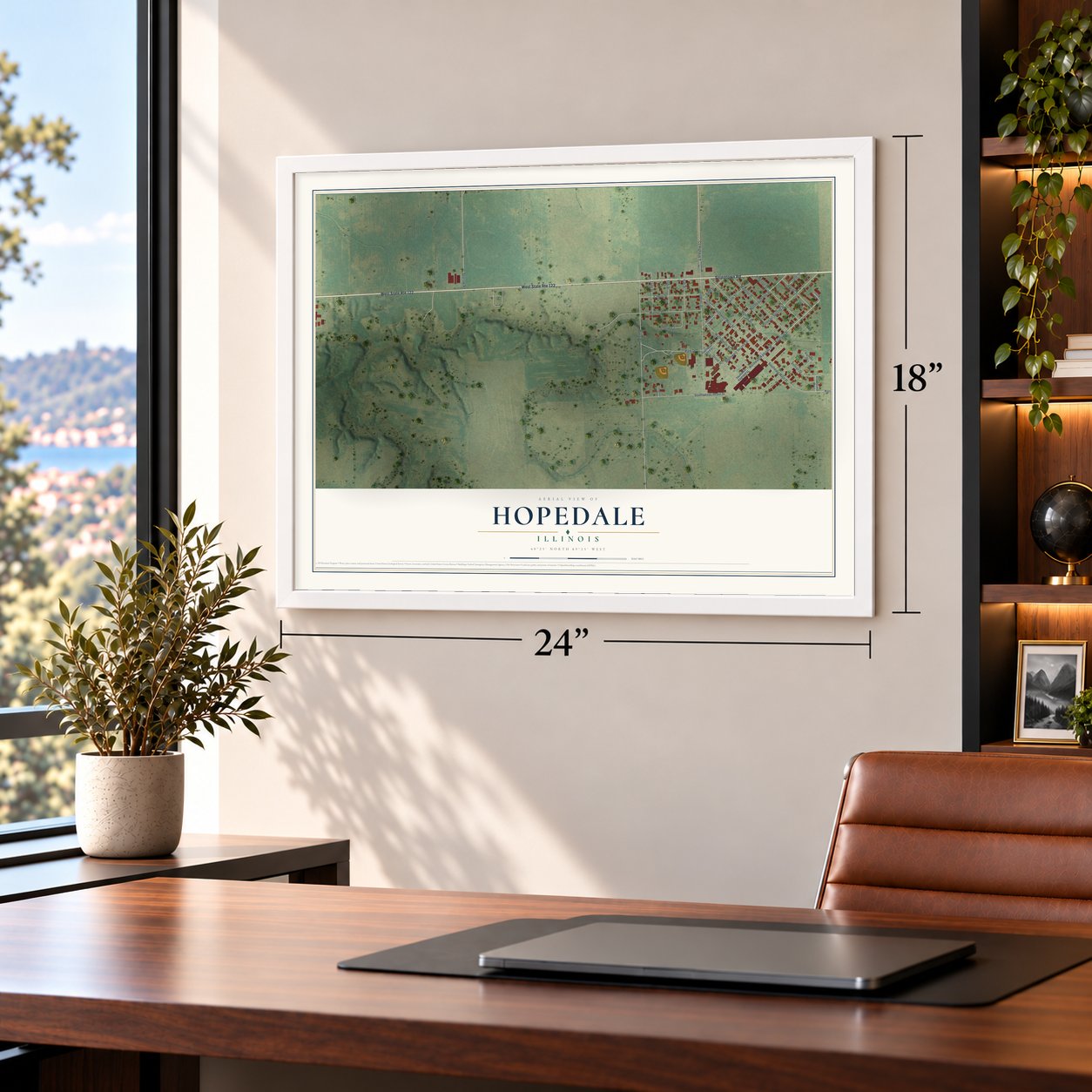 Hopedale, Illinois map, 18 x 24 inch print in a white frame in a home office