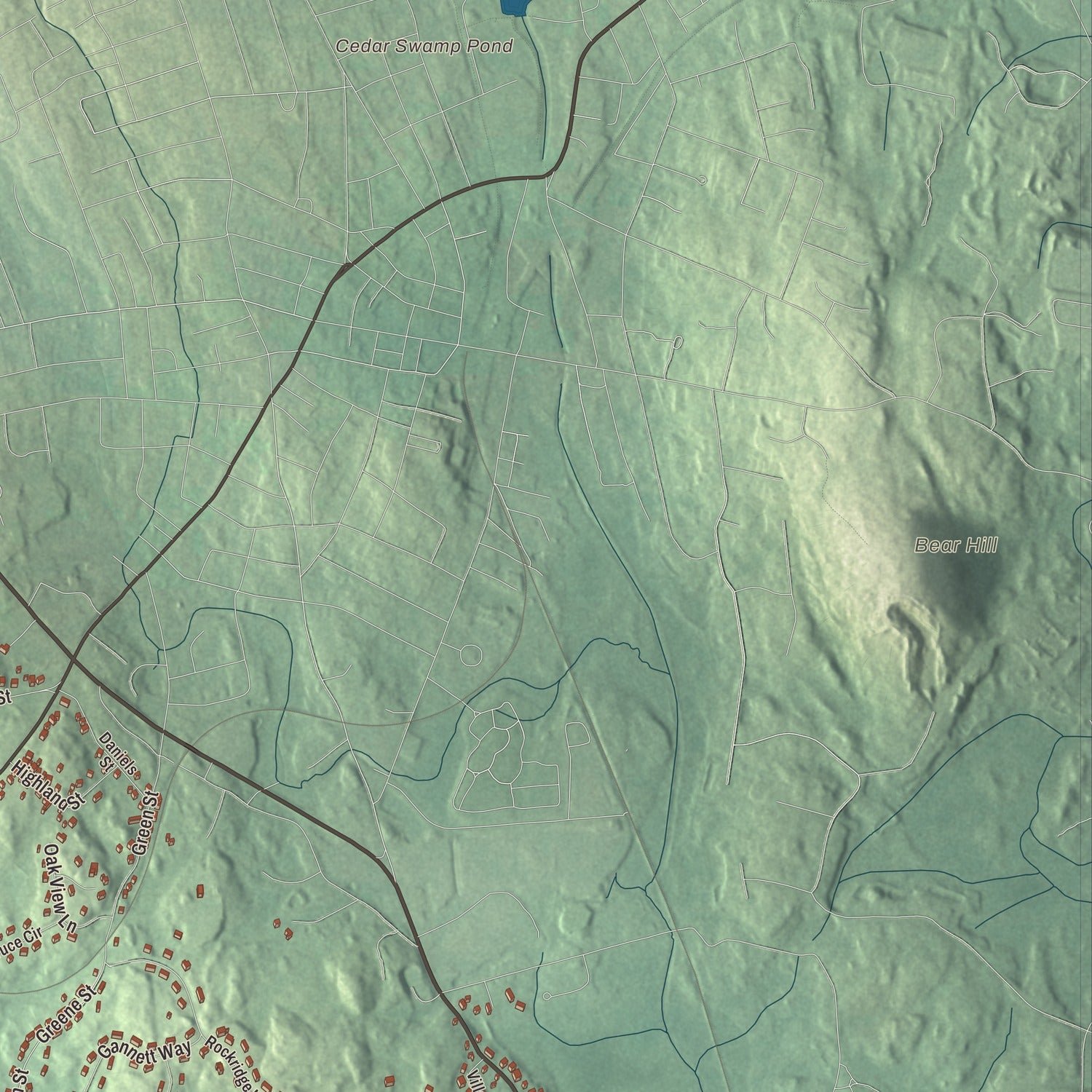 Close-up of the map of Hopedale, Massachusetts print showing terrain and local geography