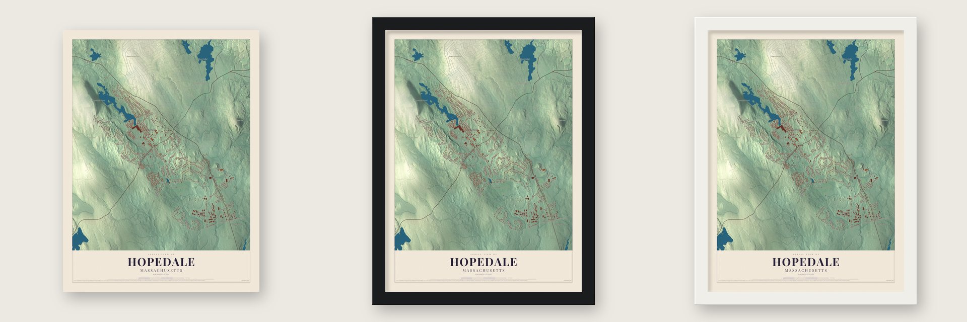Hopedale, Massachusetts map unframed, in a black wood frame and in a white wood frame