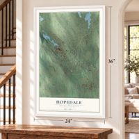 Hopedale, Massachusetts map, 24 x 36 inch print in a white frame by a staircase