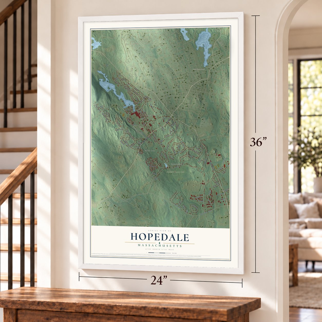 Hopedale, Massachusetts map, 24 x 36 inch print in a white frame by a staircase