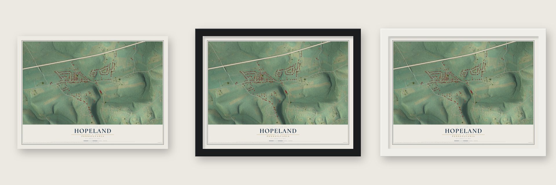 Hopeland, Pennsylvania map unframed, in a black wood frame and in a white wood frame
