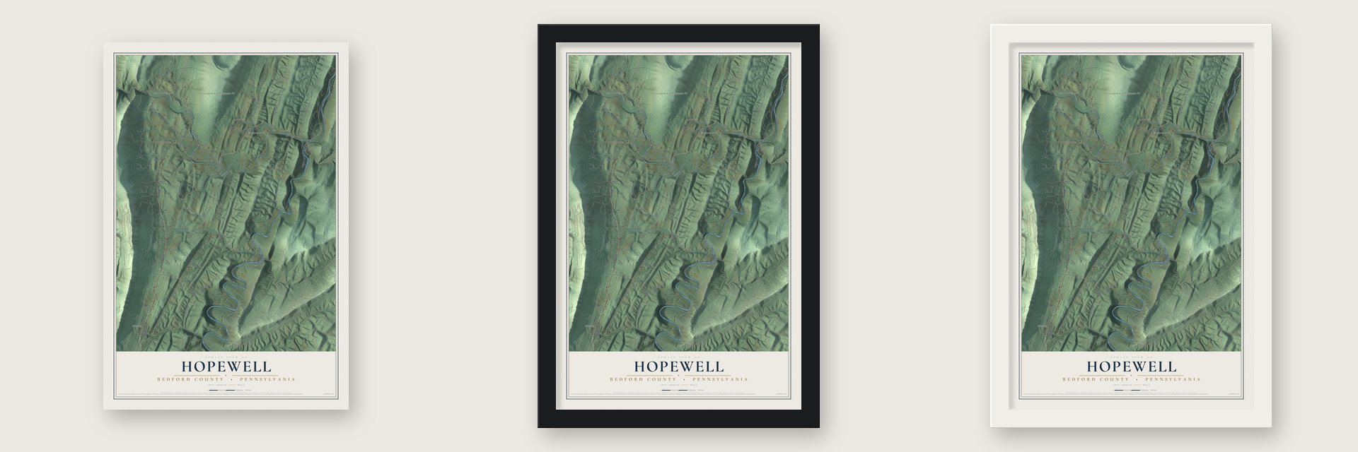 Hopewell, Bedford County, Pennsylvania map unframed, in a black wood frame and in a white wood frame