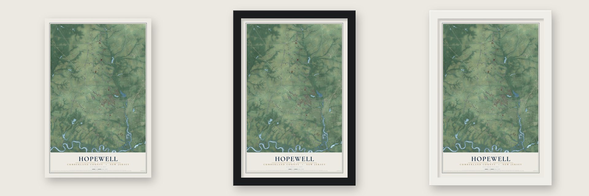 Hopewell, Cumberland County, New Jersey map unframed, in a black wood frame and in a white wood frame