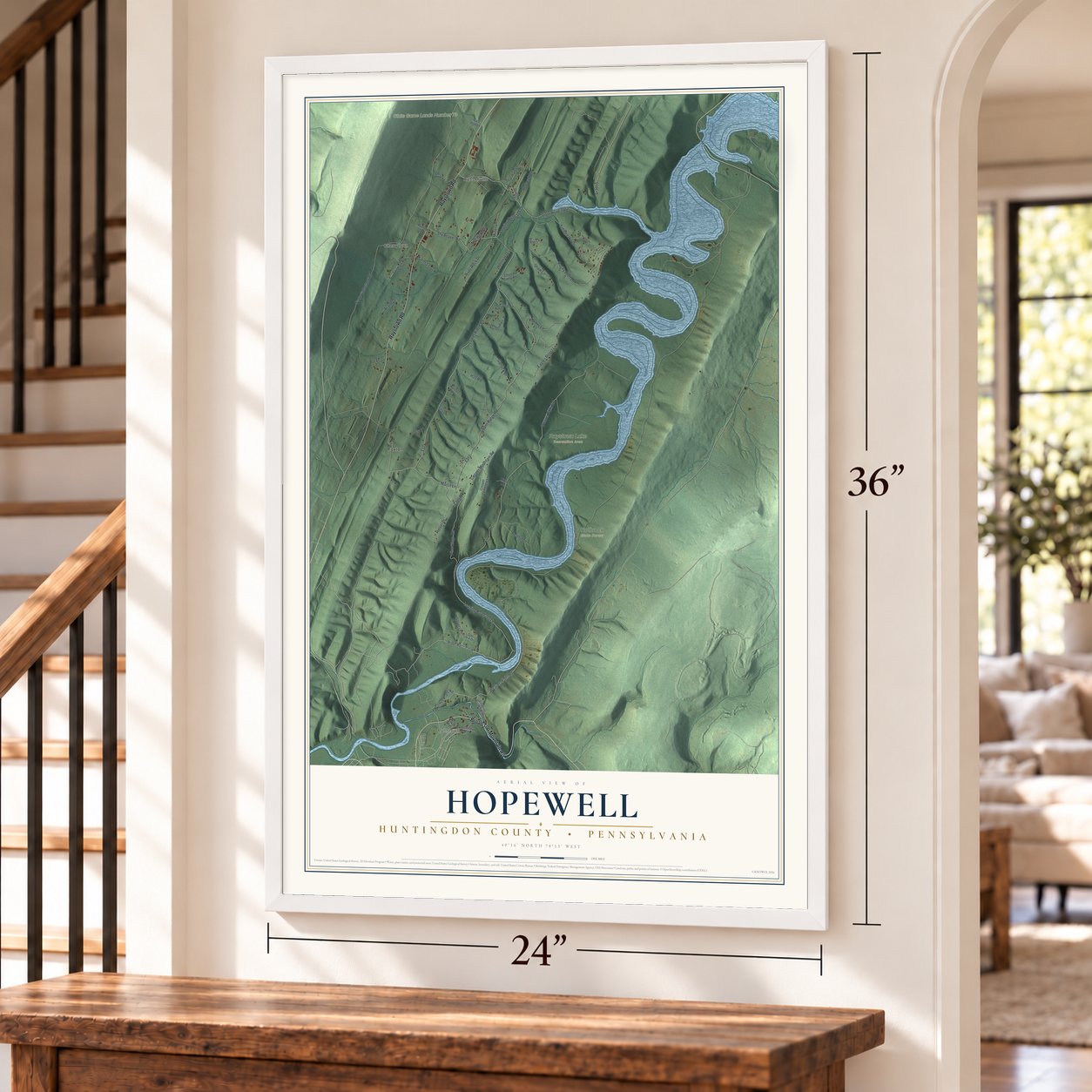 Hopewell, Huntingdon County, Pennsylvania map, 24 x 36 inch print in a white frame by a staircase