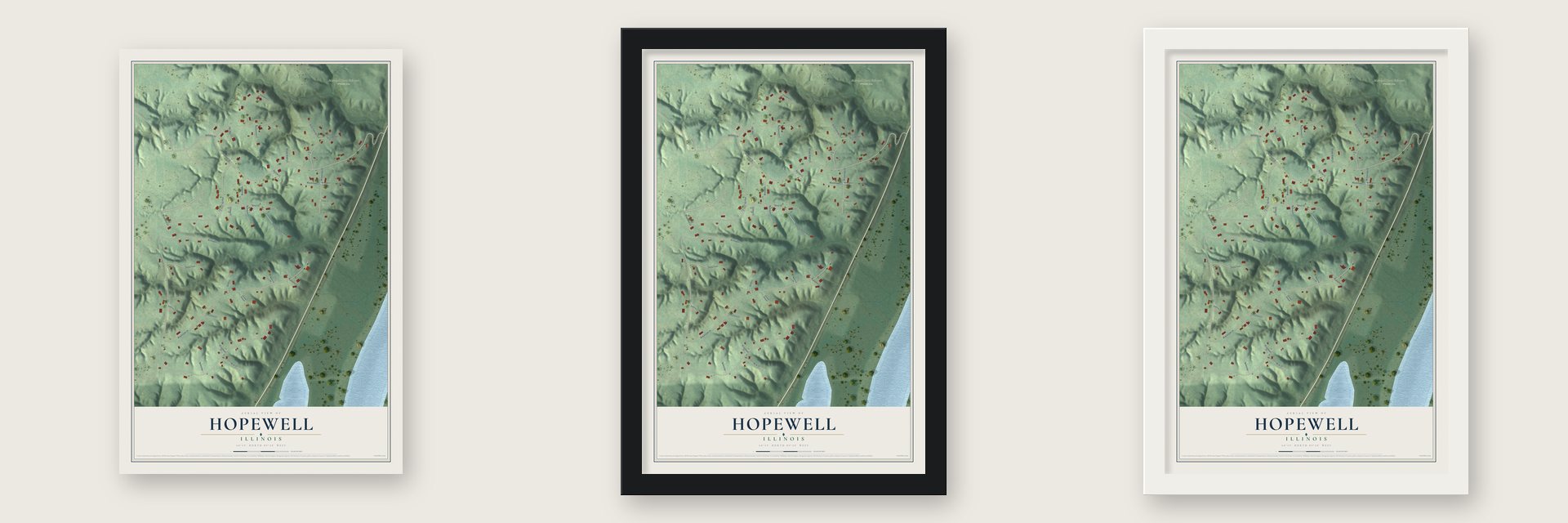 Hopewell, Illinois map unframed, in a black wood frame and in a white wood frame