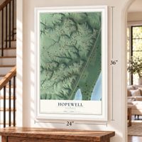 Hopewell, Illinois map, 24 x 36 inch print in a white frame by a staircase