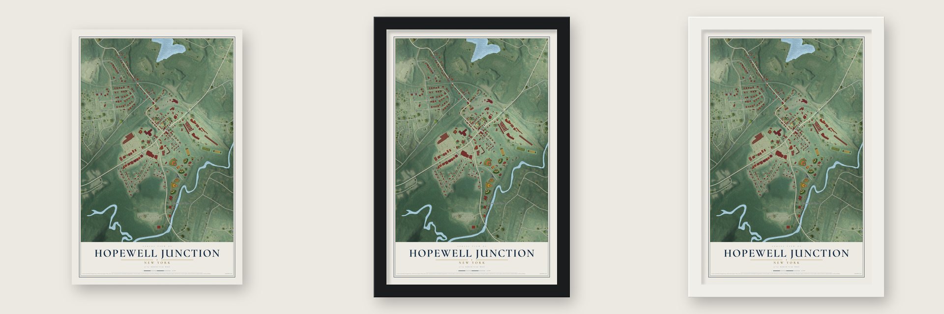 Hopewell Junction, New York map unframed, in a black wood frame and in a white wood frame
