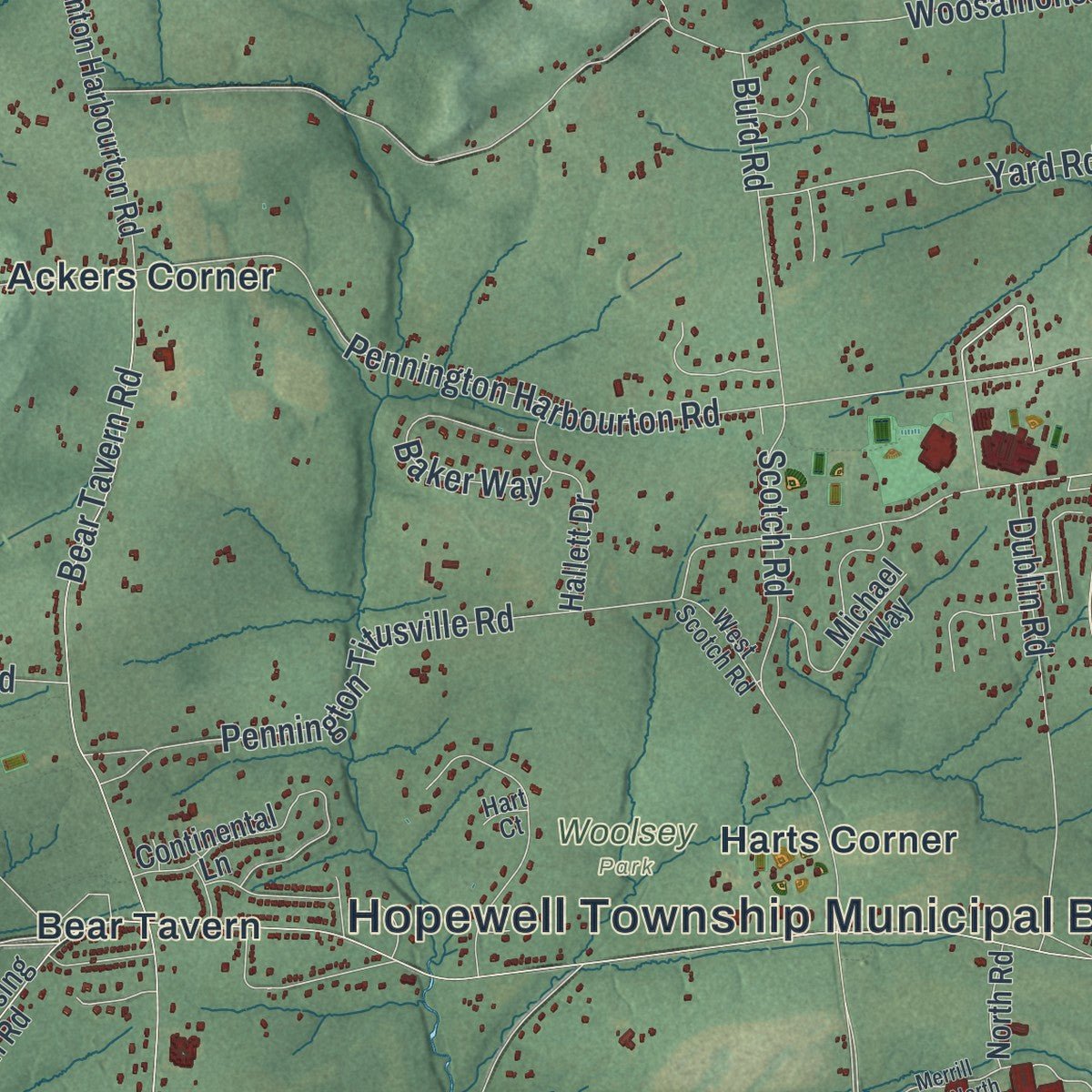 Second close-up of the map of Hopewell, Mercer County, New Jersey print showing more streets and buildings