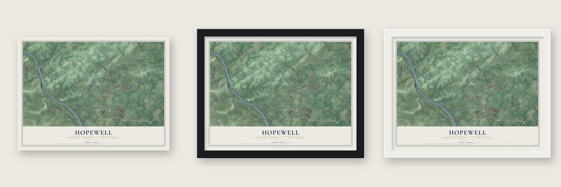 Hopewell, Mercer County, New Jersey map unframed, in a black wood frame and in a white wood frame
