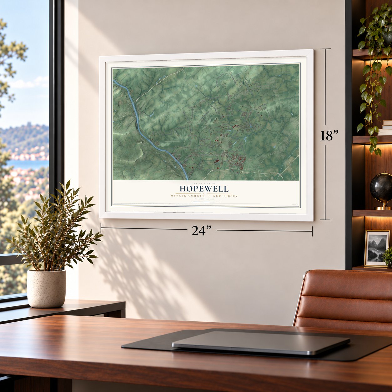 Hopewell, Mercer County, New Jersey map, 18 x 24 inch print in a white frame in a home office