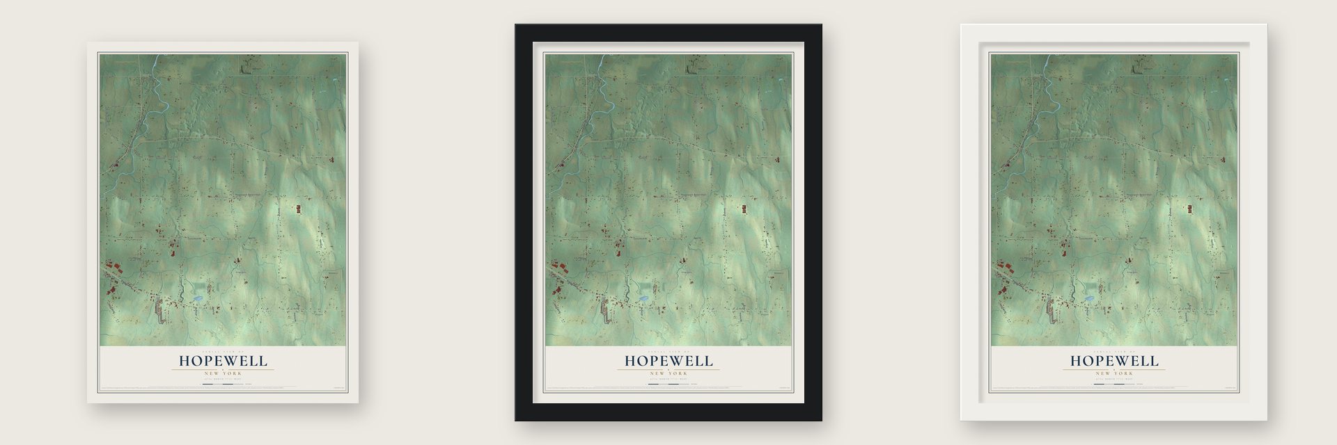 Hopewell, New York map unframed, in a black wood frame and in a white wood frame