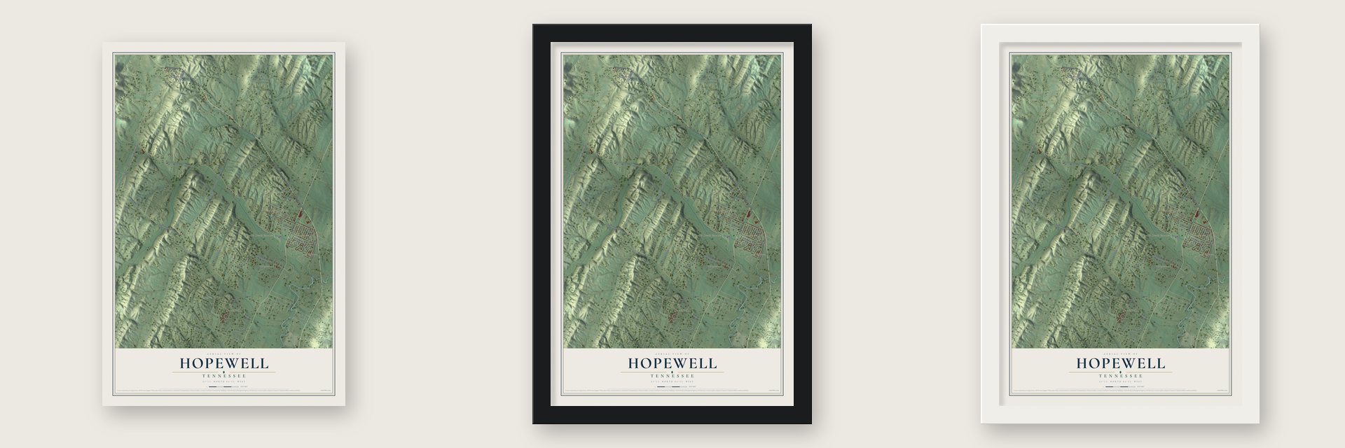 Hopewell, Tennessee map unframed, in a black wood frame and in a white wood frame