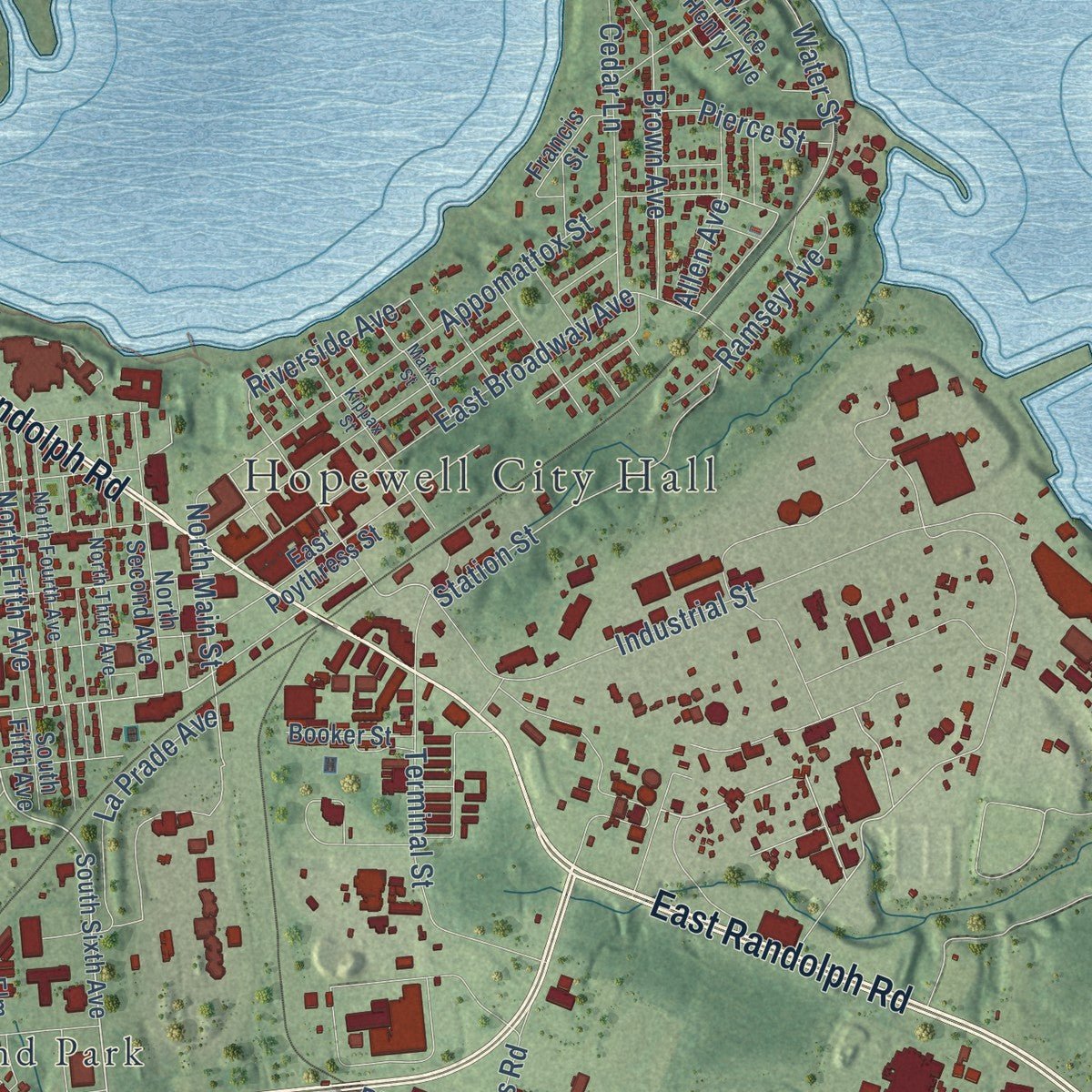 Second close-up of the map of Hopewell, Virginia print showing more streets and buildings
