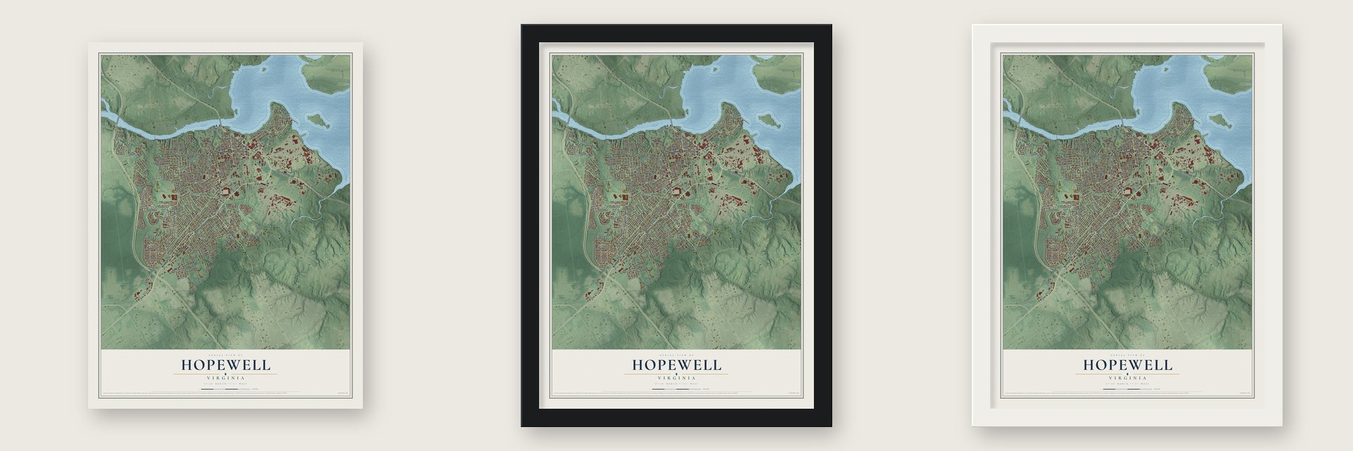 Hopewell, Virginia map unframed, in a black wood frame and in a white wood frame