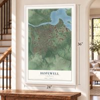 Hopewell, Virginia map, 24 x 36 inch print in a white frame by a staircase