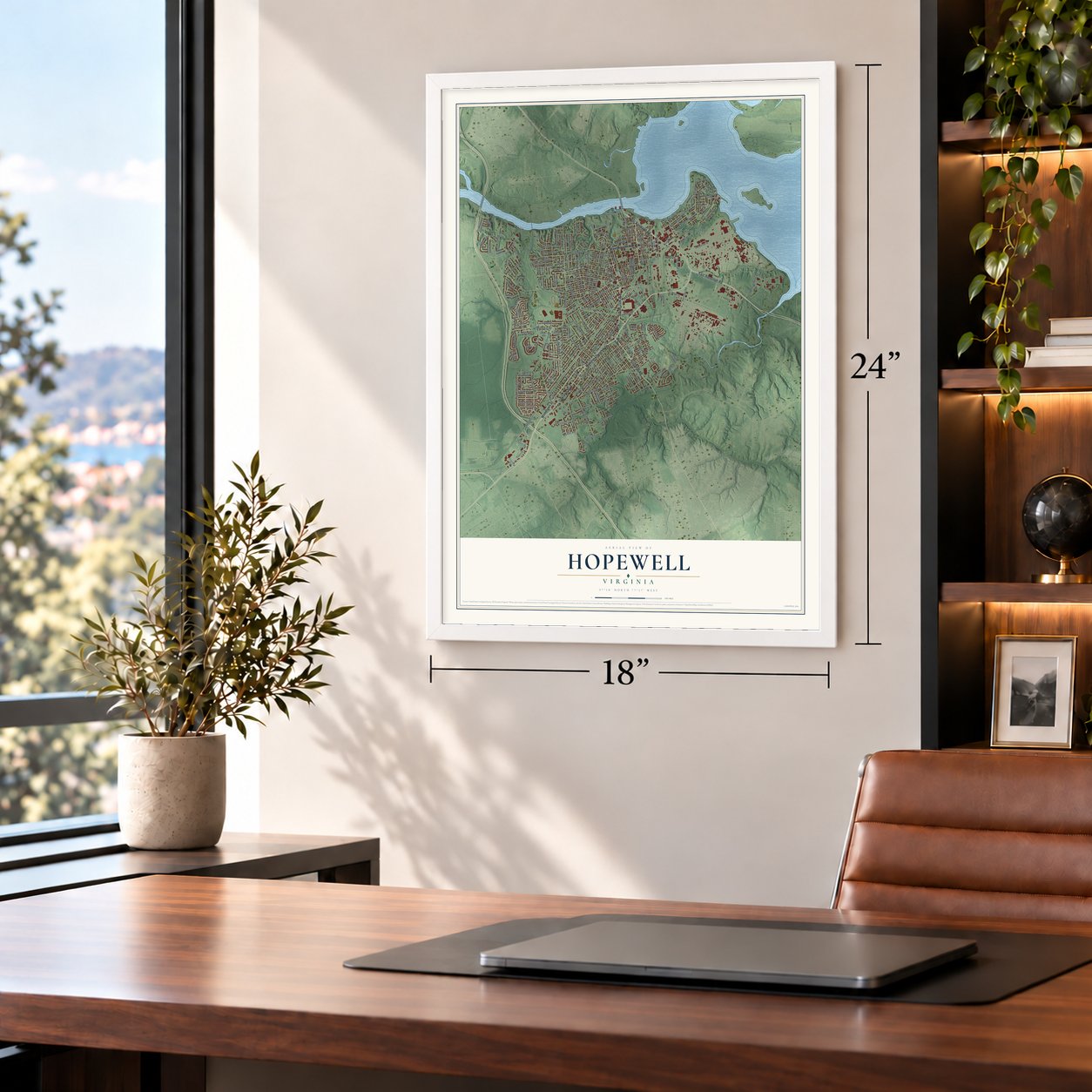 Hopewell, Virginia map, 18 x 24 inch print in a white frame in a home office