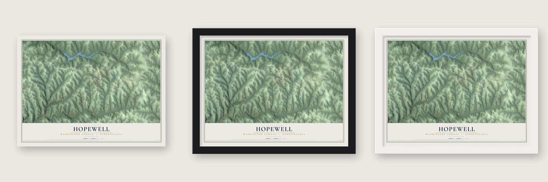 Hopewell, Washington County, Pennsylvania map unframed, in a black wood frame and in a white wood frame