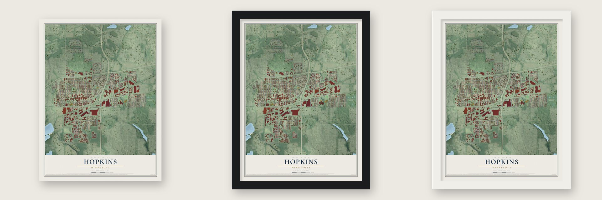 Hopkins, Minnesota map unframed, in a black wood frame and in a white wood frame
