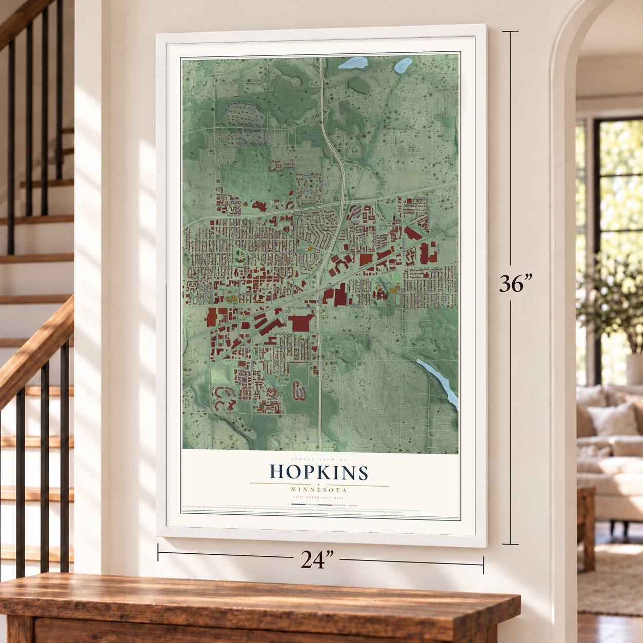 Hopkins, Minnesota map, 24 x 36 inch print in a white frame by a staircase