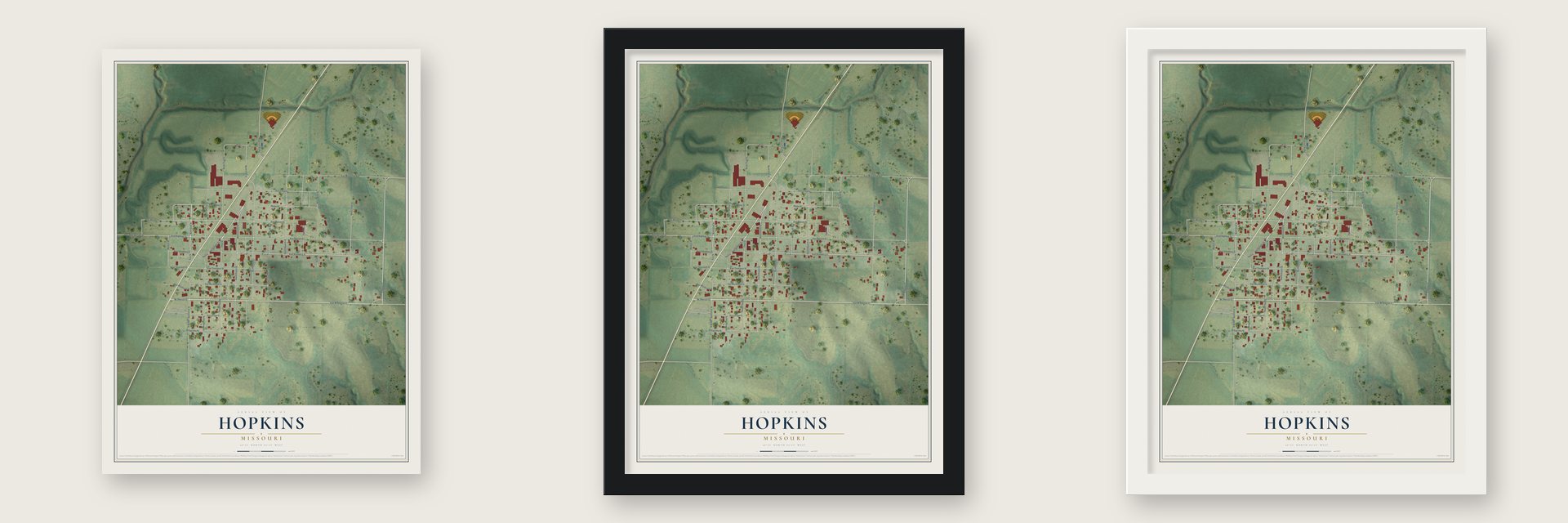 Hopkins, Missouri map unframed, in a black wood frame and in a white wood frame